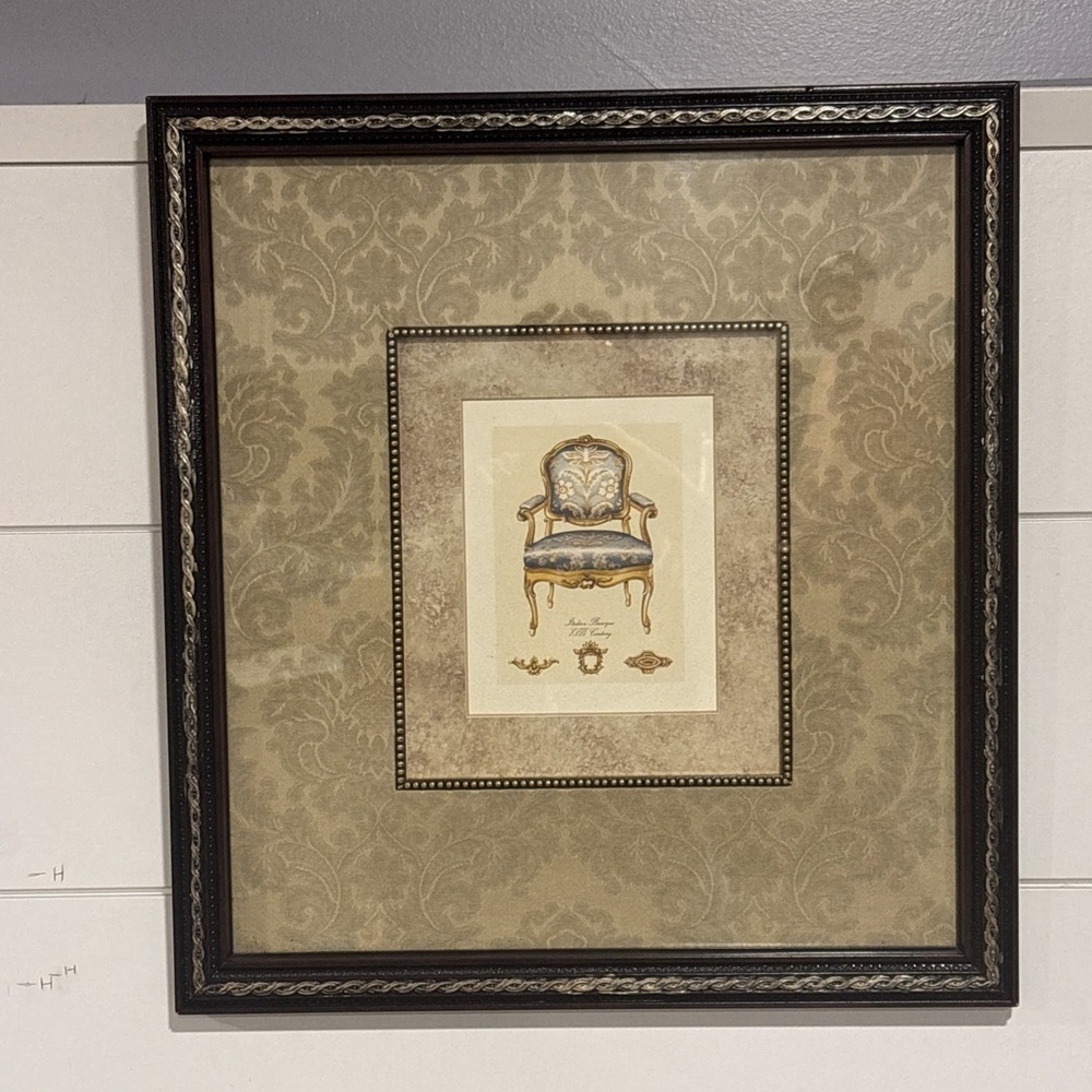 VTG Italian Baroque Chair Art Print Framed 17" x 16" Decor Wall Hanging